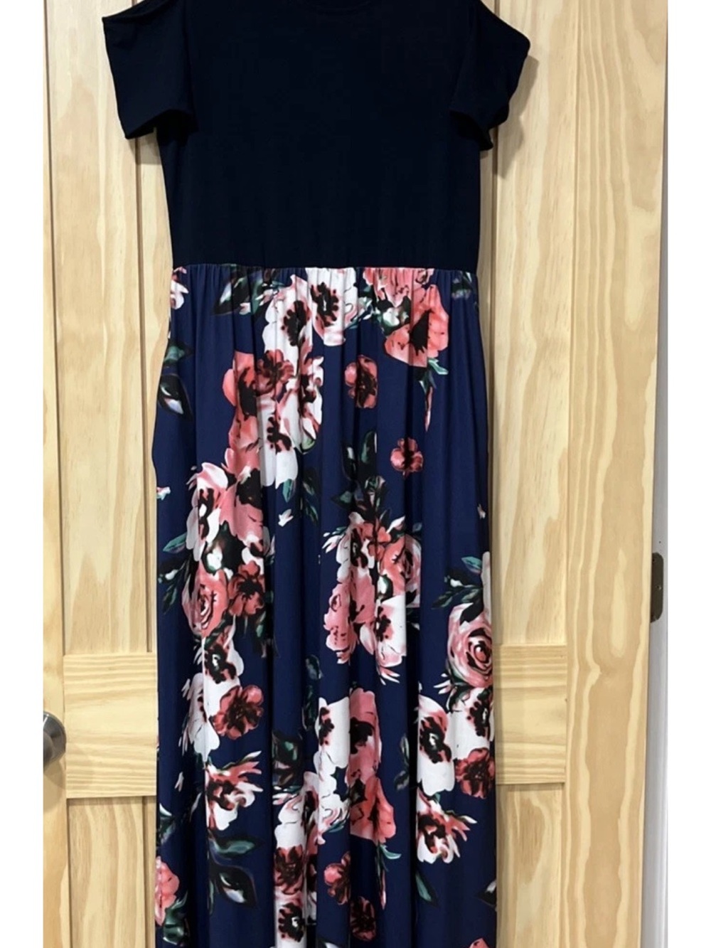 Floral Navy and Pink Maxi Cold Shoulder Dress